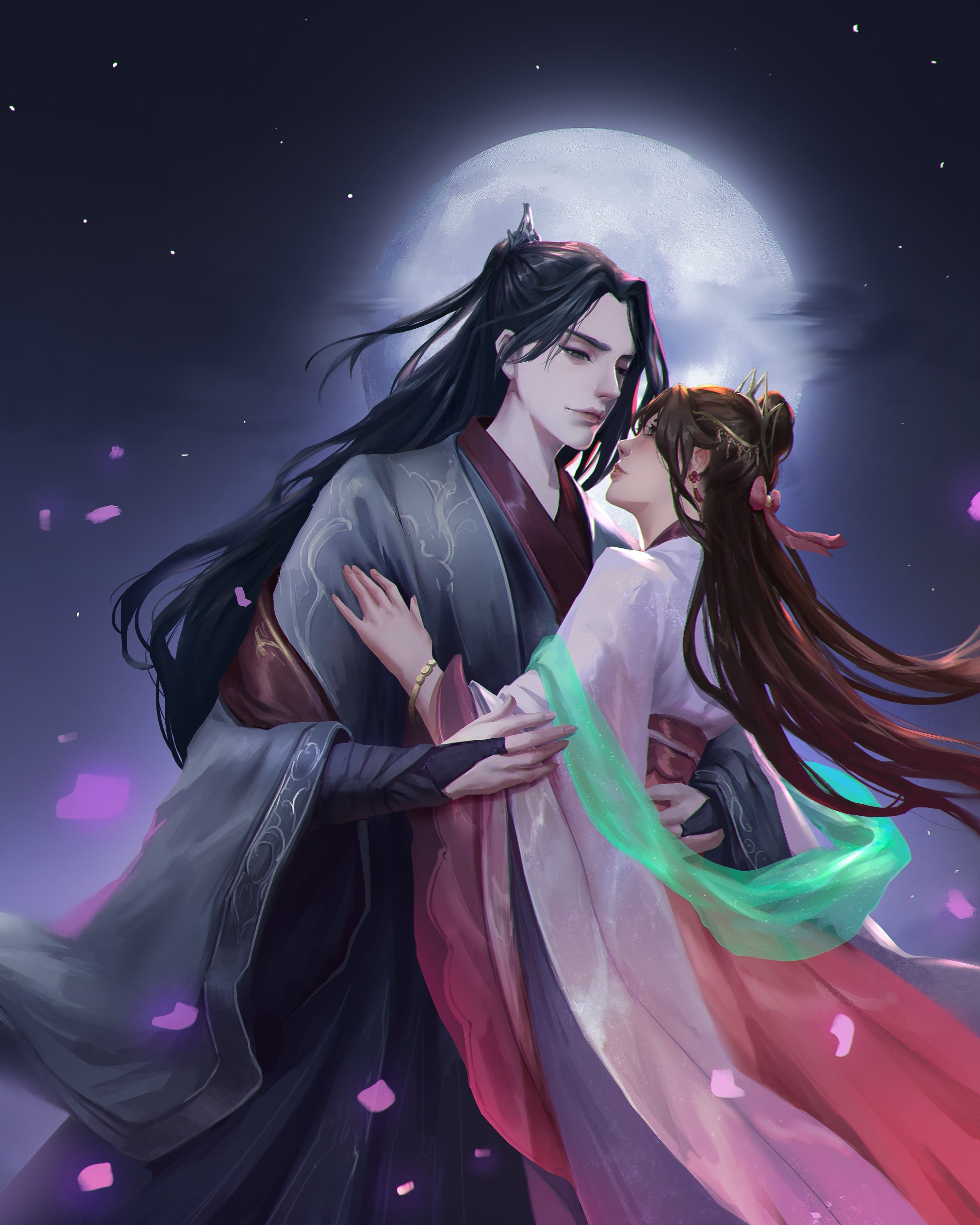 Two characters embracing under a moonlit sky with traditional architecture in the background