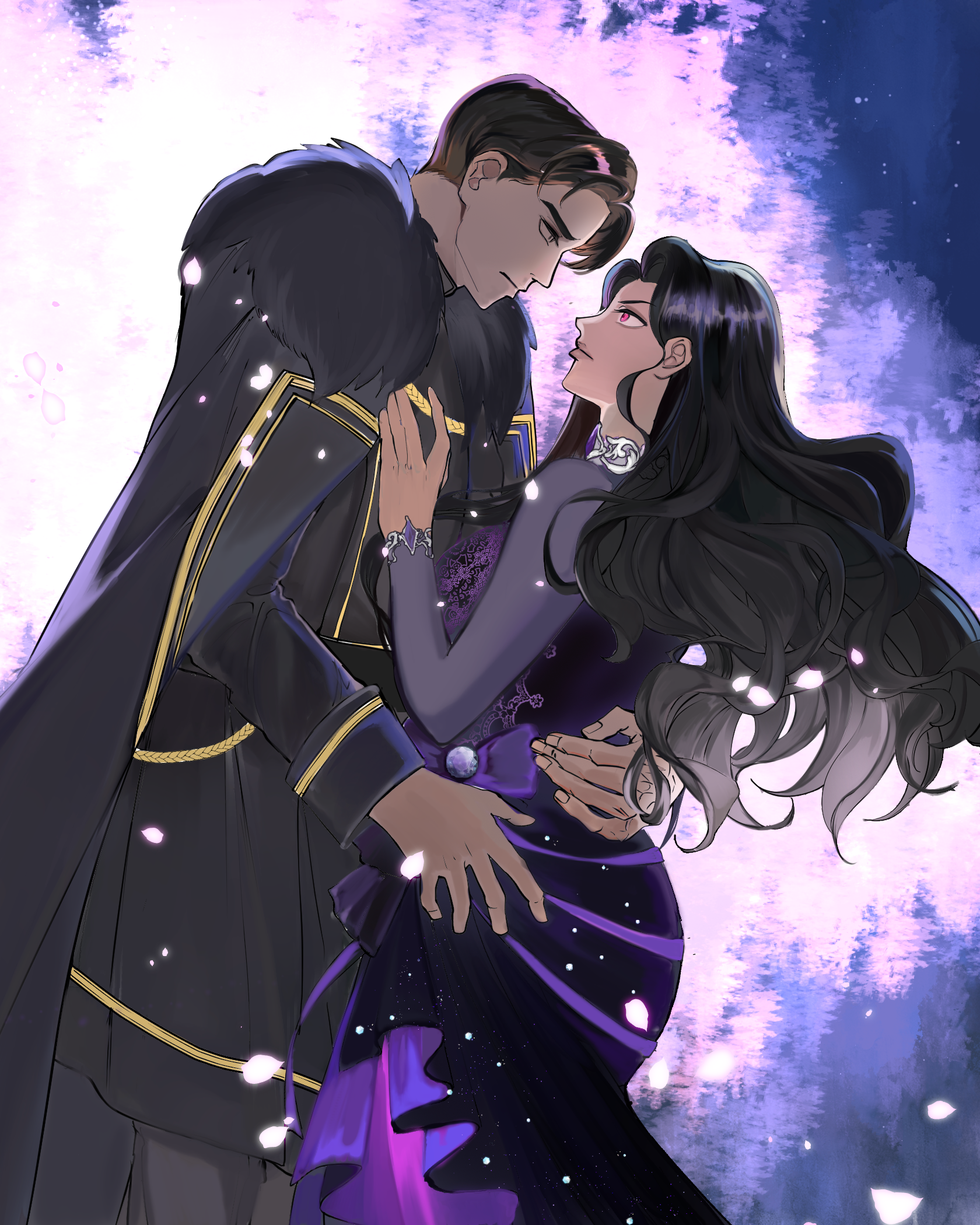 Two animated characters embracing against a starry night sky.